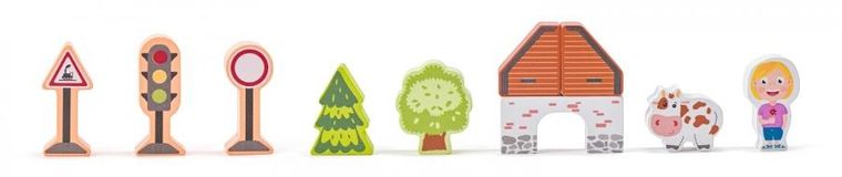 Woodyland, drewniana kolejka z miastem, walizka, 55 elementów