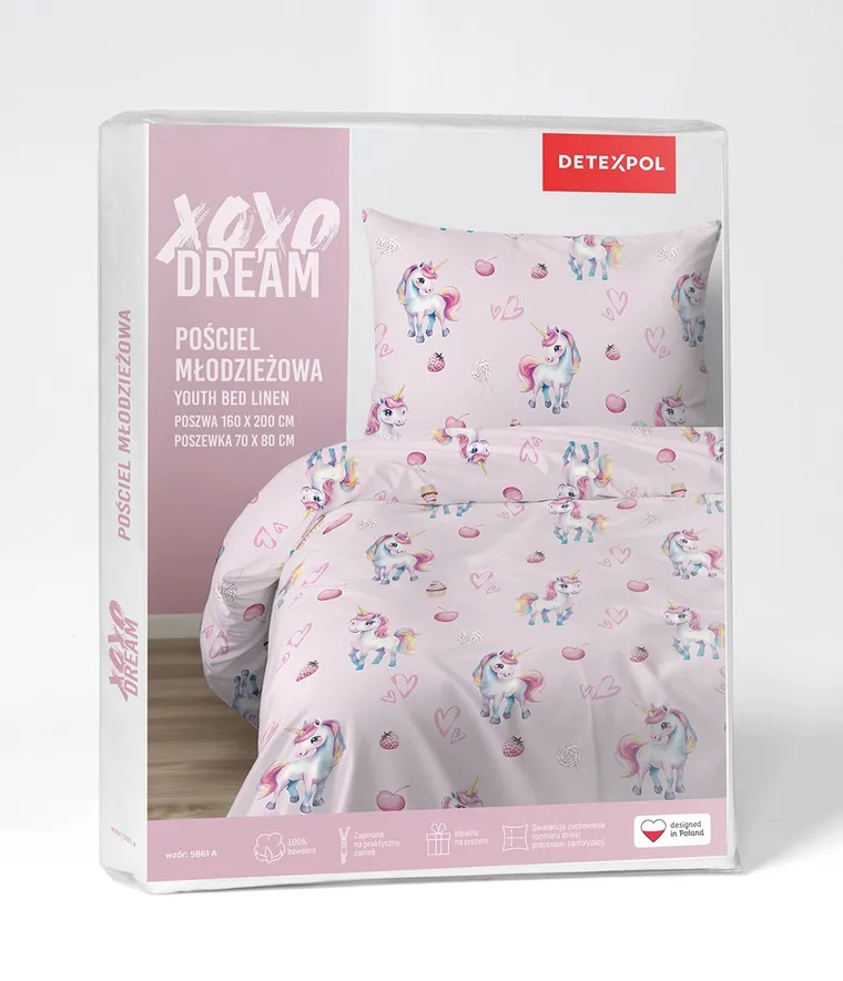XOXO, komplet pościeli młodzieżowej, 140-200 cm + 70-80 cm, jednorożce