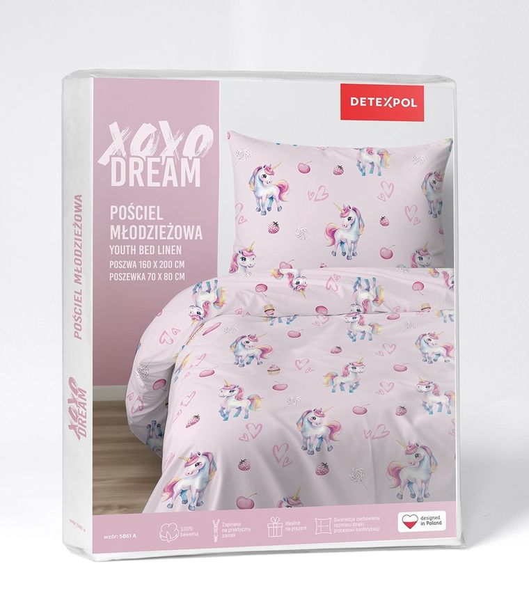 XOXO, komplet pościeli młodzieżowej, 160-200 cm + 70-80 cm, jednorożce