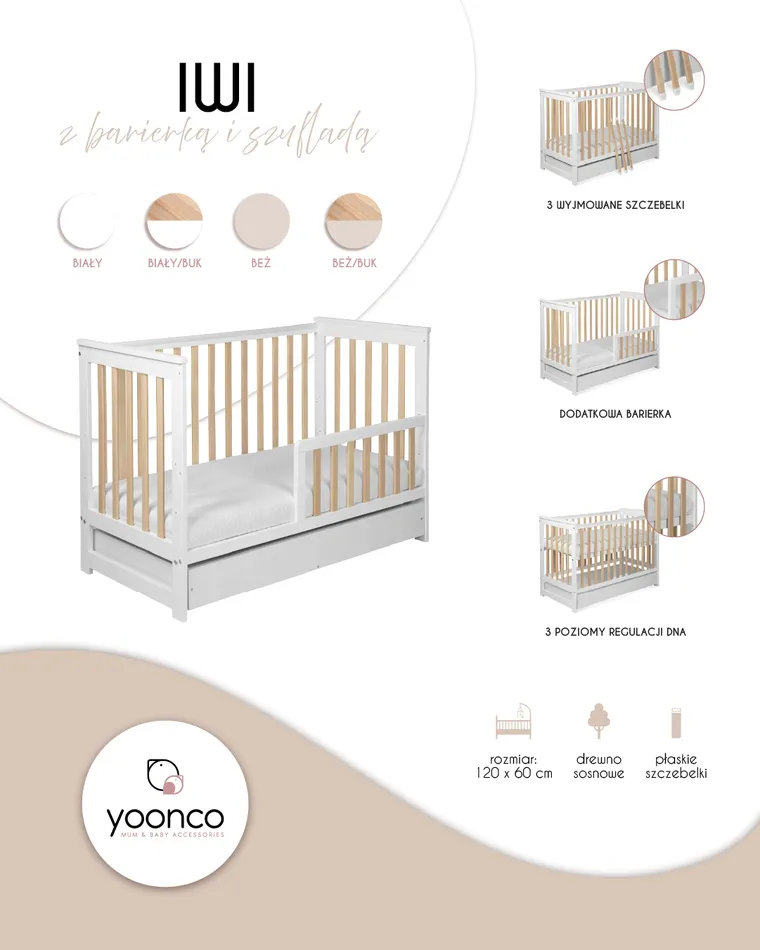 Yoonco, IWI, łóżeczko drewniane z szufladą i barierką, beż/buk