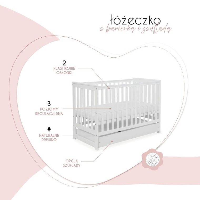 Yoonco, IWI, łóżeczko drewniane z szufladą i barierką, białe