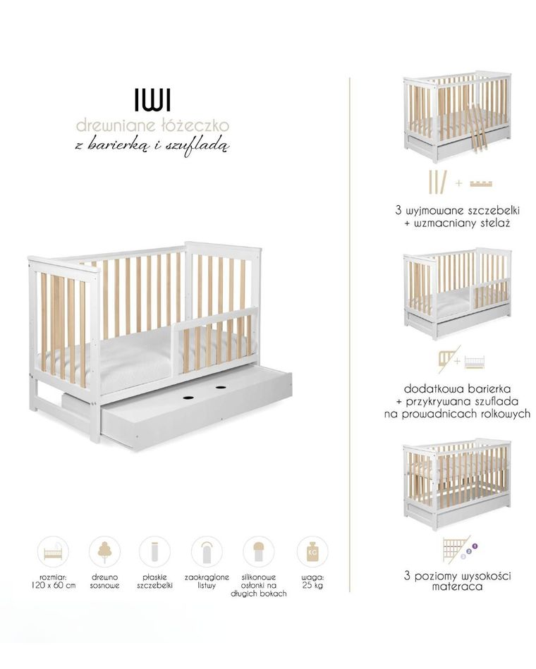 Yoonco, IWI, łóżeczko drewniane z szufladą i barierką, białe/buk