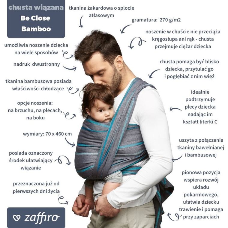 Zaffiro, Be Close, wiązana chusta do noszenia dziecka, romby turkusowe