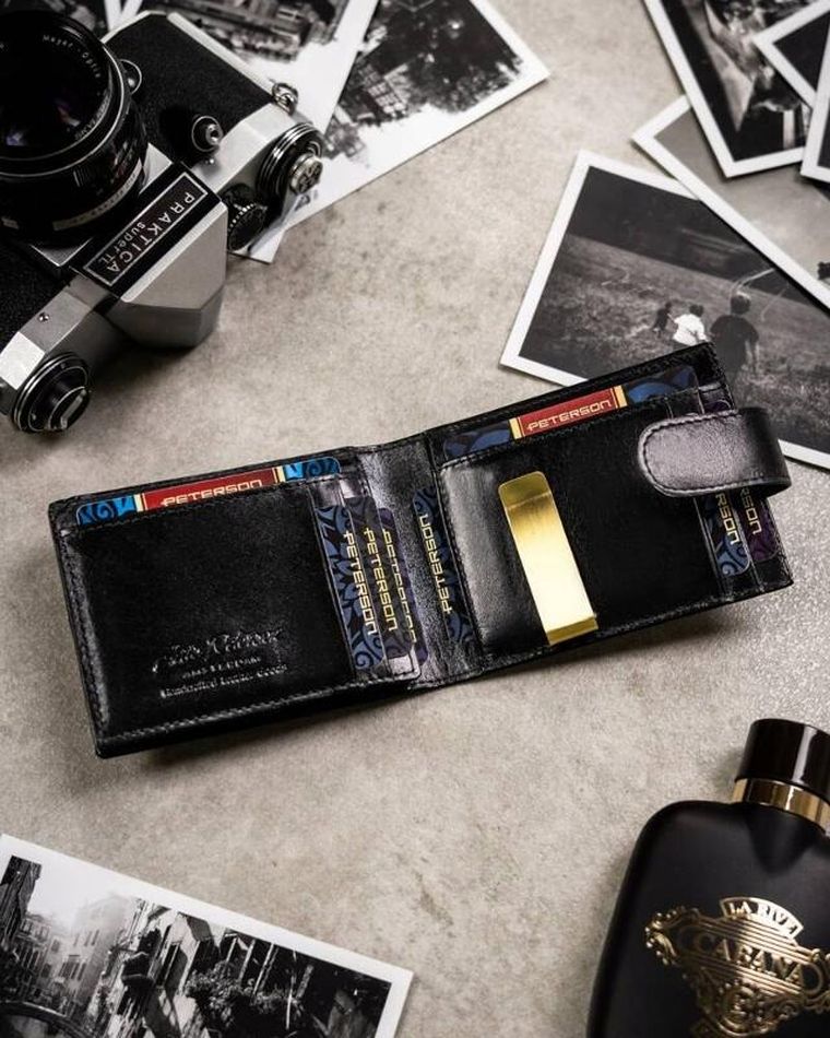 Zestaw: Portfel, Etui na karty, Brelok, czarny, skórzany, RFID, Peterson