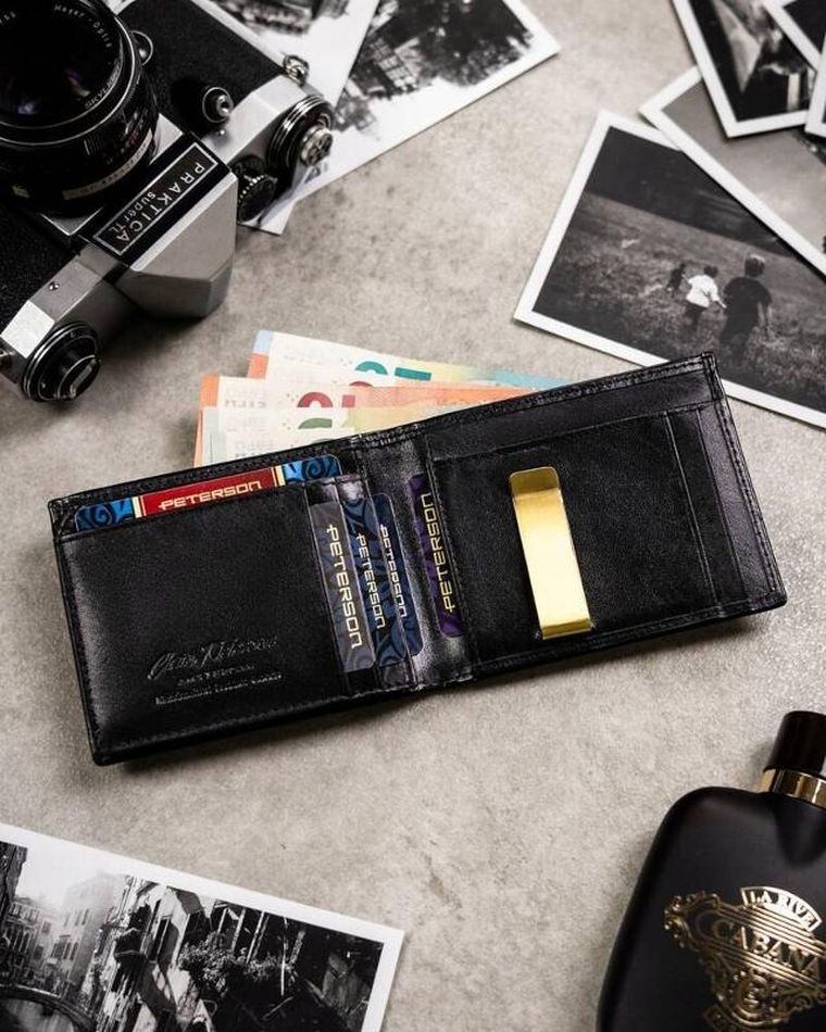 Zestaw: Portfel, Etui na karty, Brelok, czarny, skórzany, RFID, Peterson