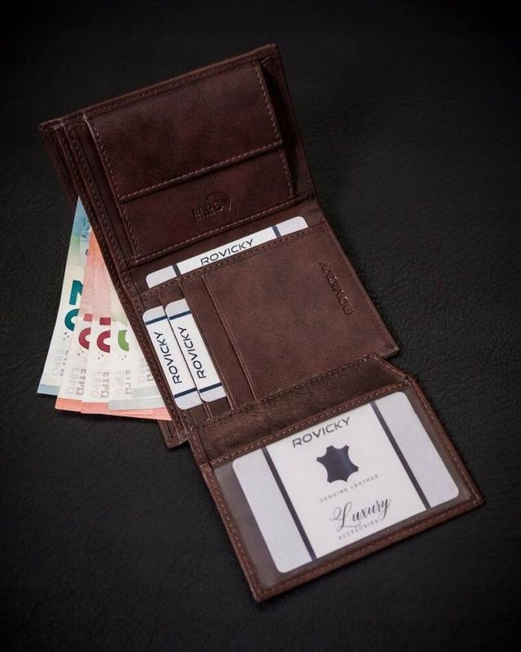Zestaw: Portfel, Pasek, brązowy, skóra ekologiczna, RFID, Rovicky