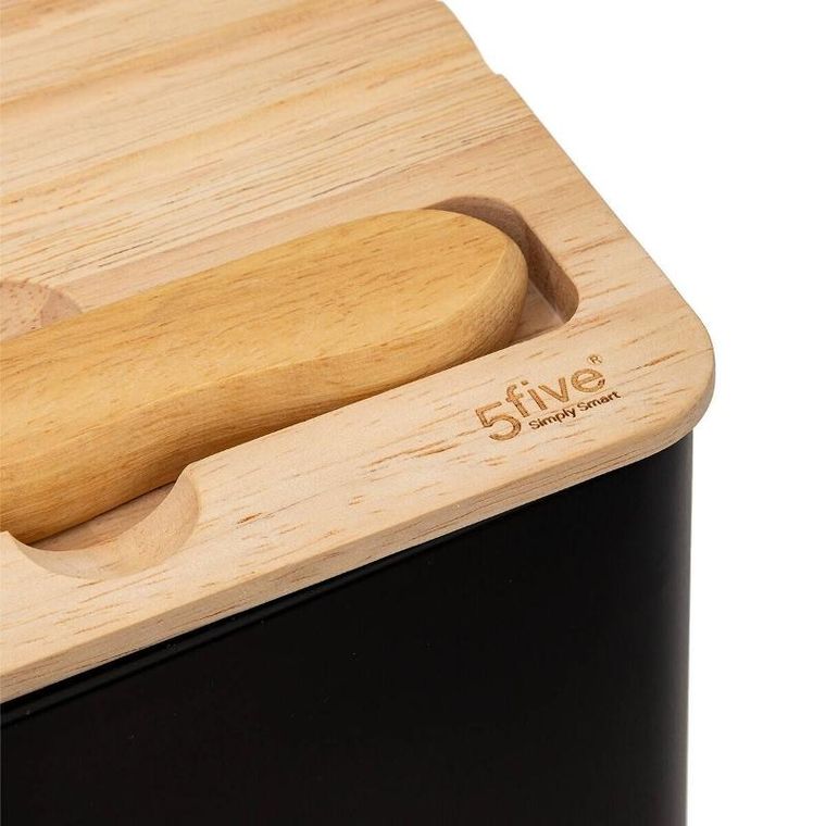 5five Simply Smart, czarny chlebak z deską do krojenia i z nożem z ząbkami, 32.7-20.2-14.5 cm