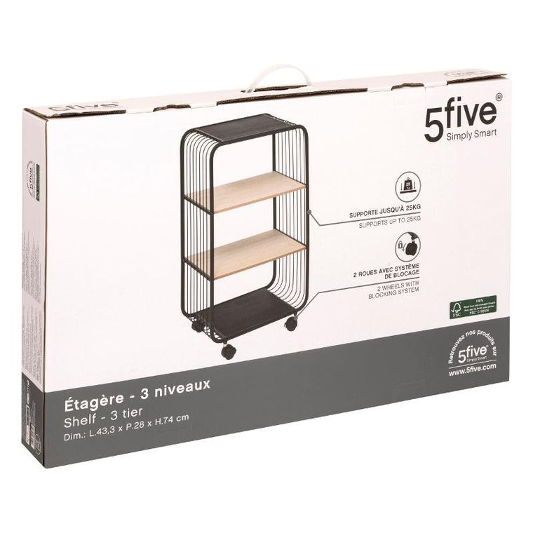 5five simply smart, Noir, półka mobilna, 3-poziomowa, metalowa, 43,3-28-74 cm