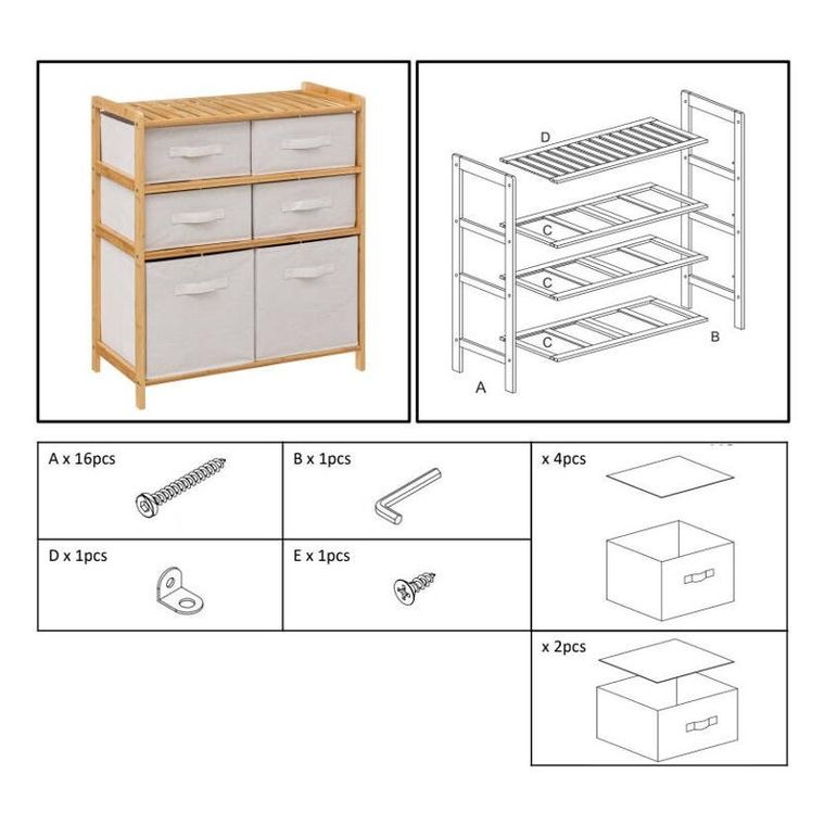 5five Simply Smart, półka bambusowa, Tidy, z 6 materiałowymi koszami, wys. 78.5 cm
