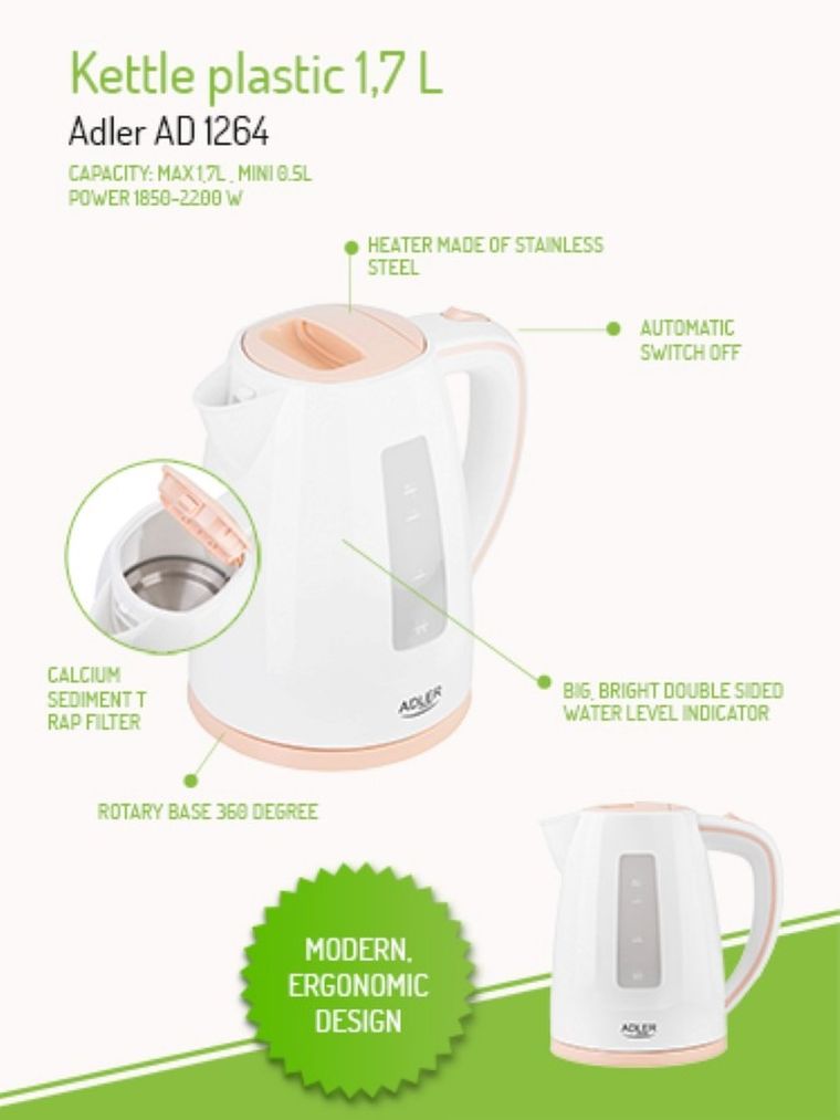 Adler, czajnik elektryczny, 2200W, 1.7l, AD 1264