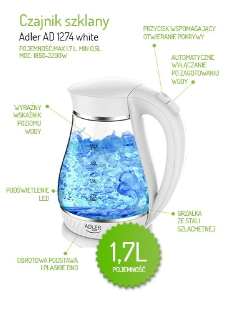 Adler, czajnik elektryczny, biały, 2200W, 1.7l, AD 1274