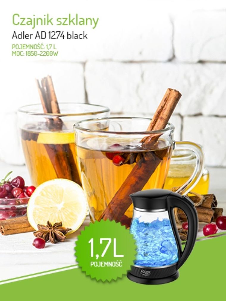 Adler, czajnik elektryczny, czarny, 2200W, 1.7l, AD 1274