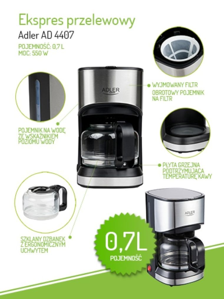 Adler, ekspres przelewowy, 550 W