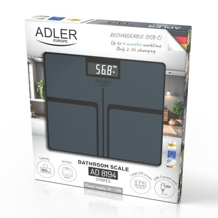 Adler, waga łazienkowa USB-C, akumulatorowa, do 180 kg