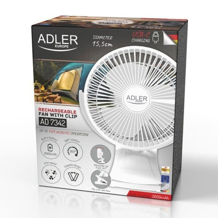 Adler, wentylator biurkowy z klipsem, akumulatorowy, biały, 15,5 cm, 360° obrót, USB-C