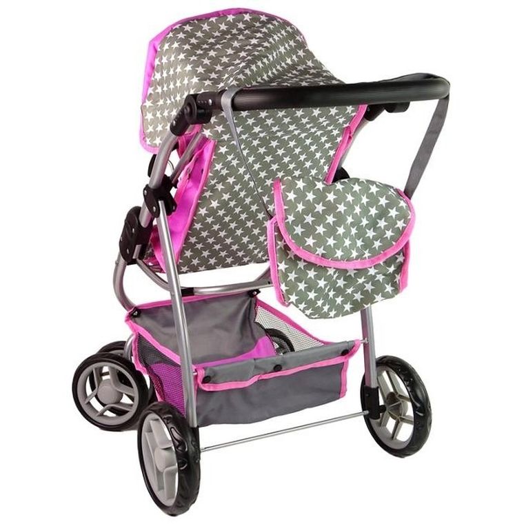 Alice, wózek dla lalek 2w1, spacerówka gondola, torba, gwiazdki, różowy