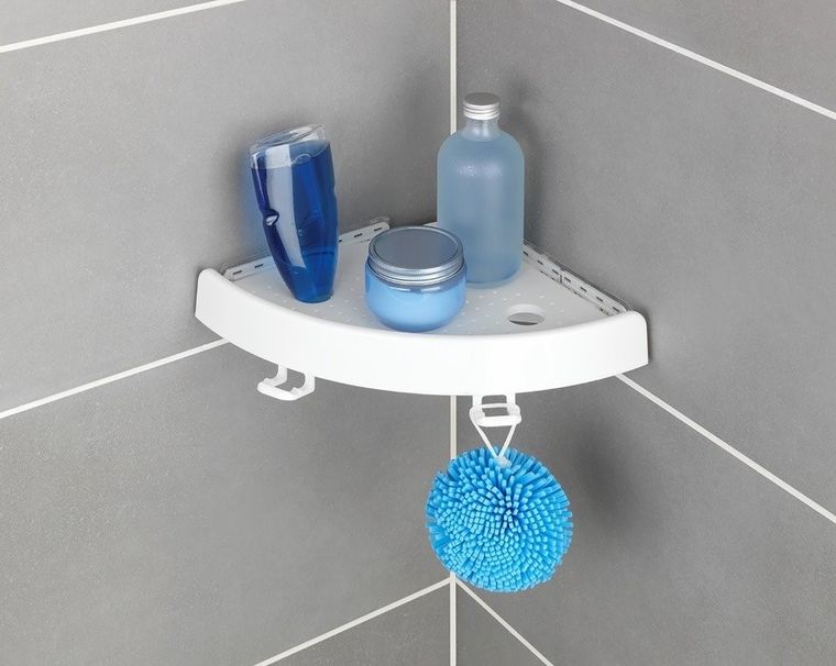 Allstar, prysznicowa półka narożna, biała, z haczykami