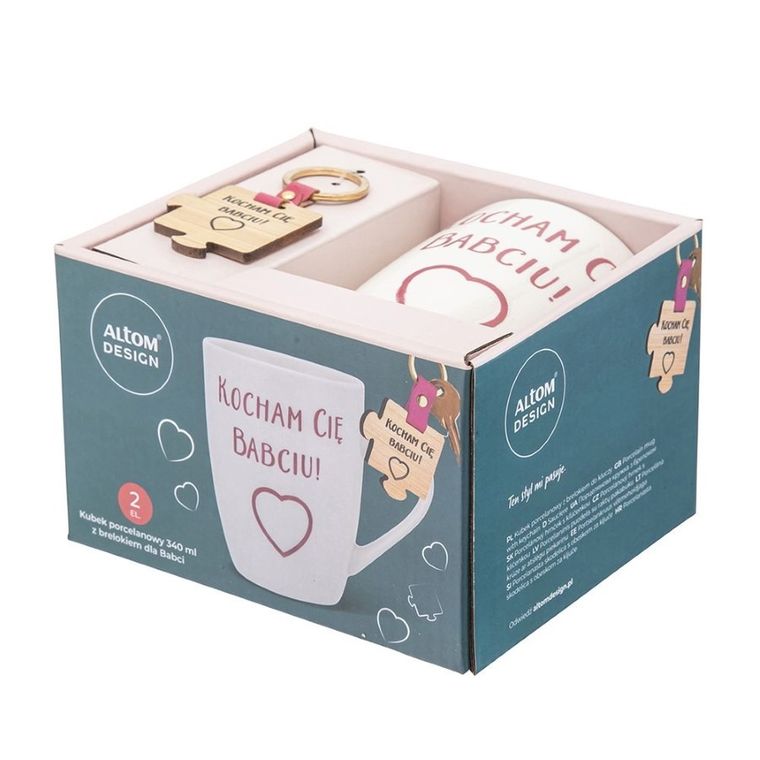 Altom design, kubek baryłka NBC z drewnianym brelokiem, Kocham Cię Babciu, 340 ml