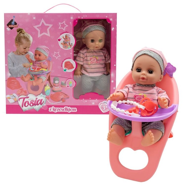 Askato, lalka z krzesełkiem do karmienia, szaro-różowe ubranko