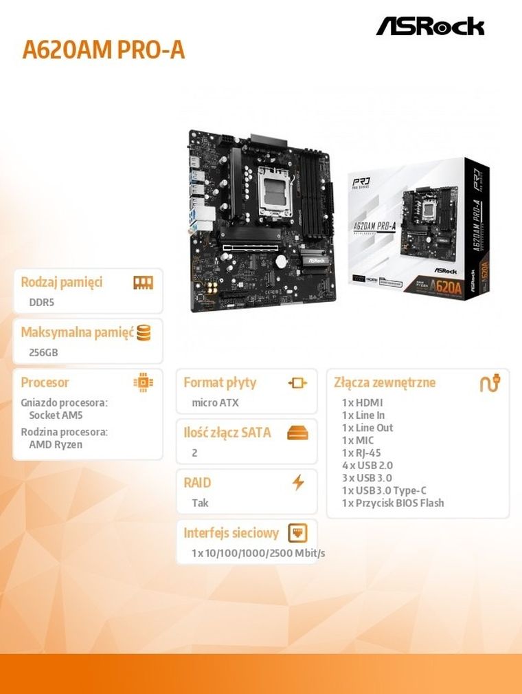 Asrock, płyta główna, A620AM PRO-A AM5 4DDR5 HDMI M.2 mATX