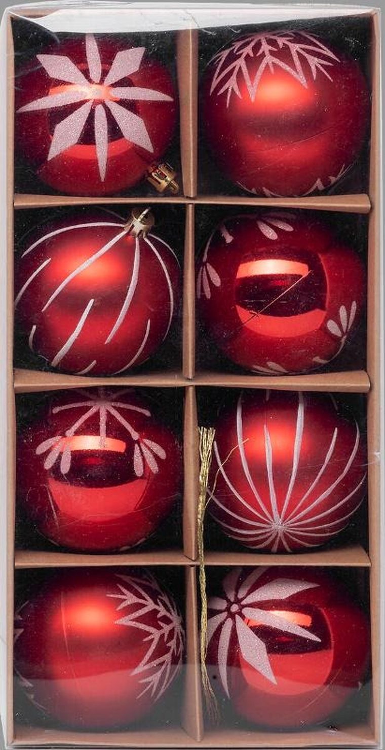 Atmosphera, zestaw czerwonych bombek z białym wzorem, 8 cm