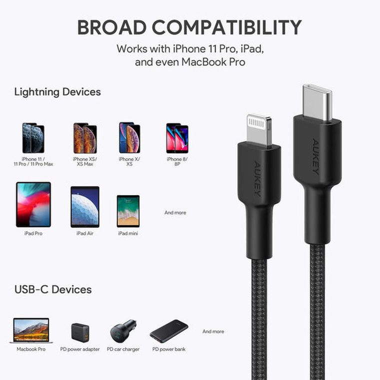 Aukey, nylonowy kabel USB C - Lightning, 2 m