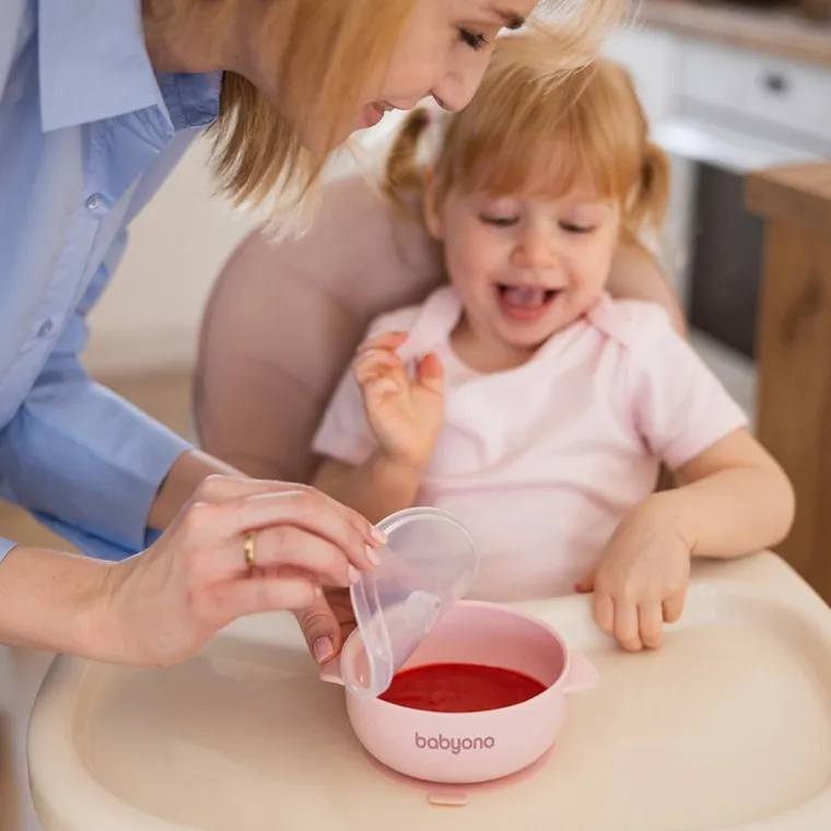 BabyOno, silikonowa miseczka z przyssawką i przykrywką, różowa