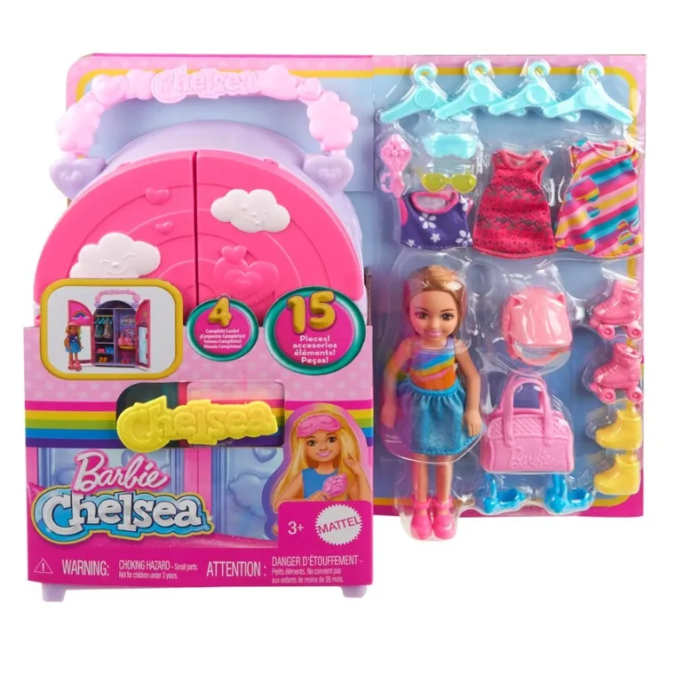Barbie, Szafa Chelsea, zestaw z lalką, ubrankami i akcesoriami