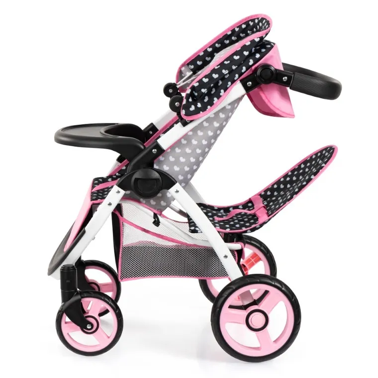 Bayer Design, Jogger Duo, bliźniaczy wózek dla lalek z torbą, czarno-różowy