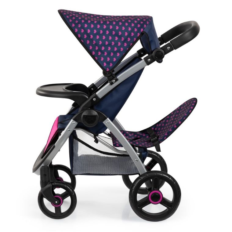 Bayer Design, Jogger Duo, bliźniaczy wózek dla lalek z torbą, granatowo-różówy z jednorożcem