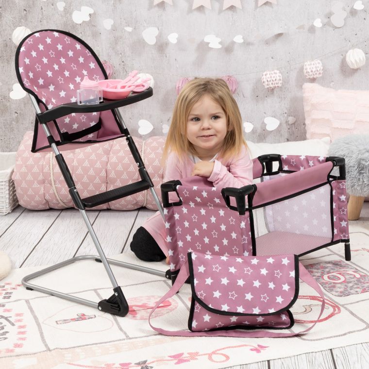 Bayer Design, zestaw podróżny dla lalek: łóżeczko turystyczne, krzesełko do karmienia, torba, akcesoria, 9w1, różowy