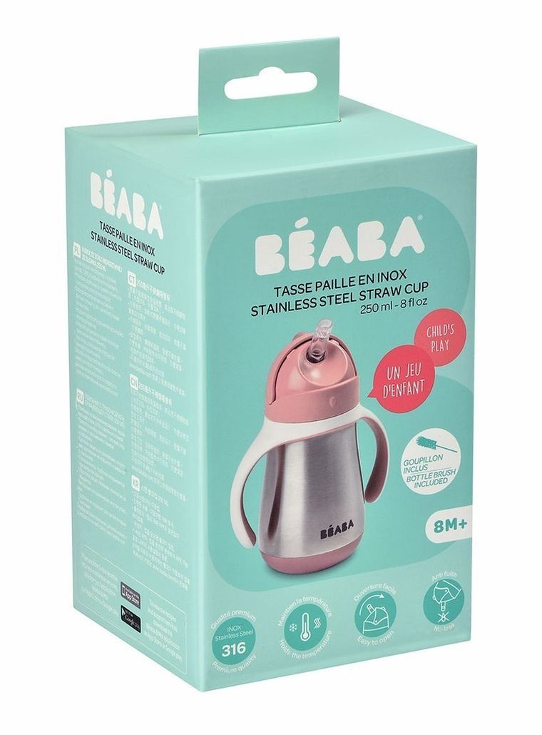 Beaba, butelka, kubek niekapek, stalowa, ze słomką, old pink, 250 ml