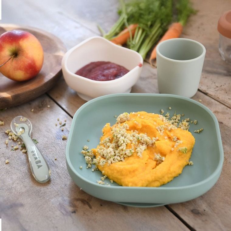 Beaba, komplet naczyń z silikonu z przyssawką, sage green