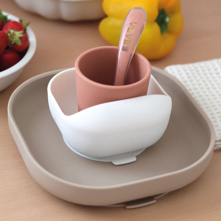 Beaba, komplet naczyń z silikonu z przyssawką, terracotta