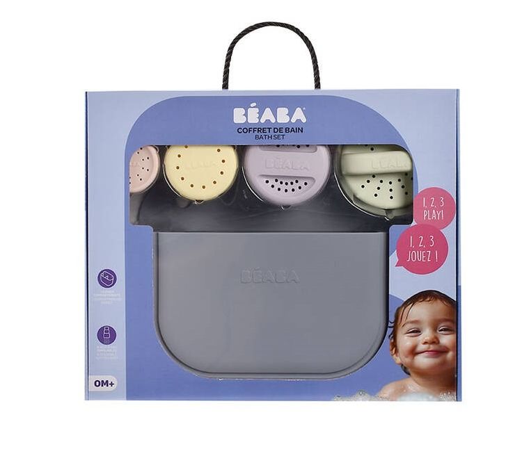 Beaba, silikonowy zestaw do kąpieli: zabawki Mint/multi colors i kosz do przechowywania Pebble