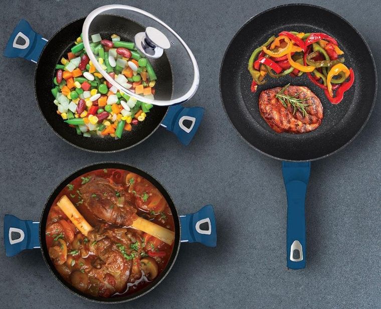 Berlinger Haus, Aquamarine, zestaw: garnki granitowe z pokrywą + patelnie + akcesoria, 10 elementów