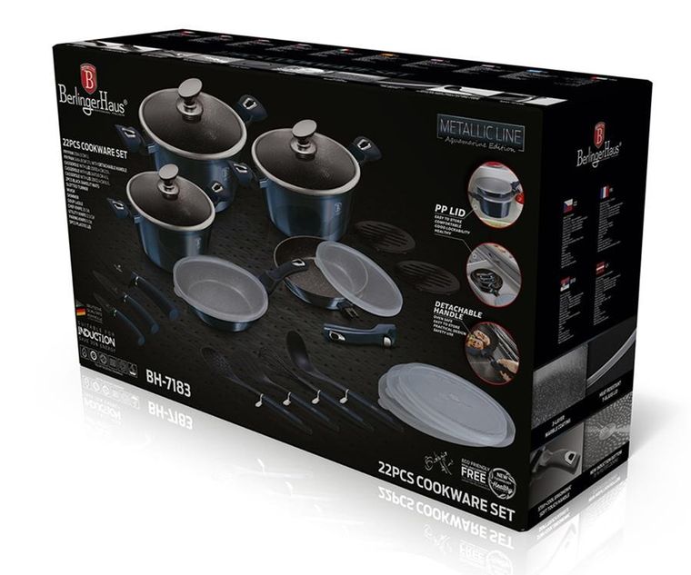 Berlinger Haus, Aquamarine, zestaw: garnki z pokrywą + patelnie + akcesoria, 22 elementy