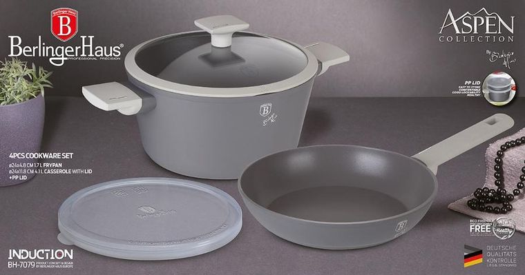 Berlinger Haus, Aspen, zestaw: garnek z pokrywą + patelnia tytanowa, 4 elementy