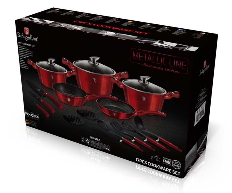 Berlinger Haus, Burgundy, zestaw: garnki granitowe z pokrywą + patelnie + akcesoria, 17 elementów