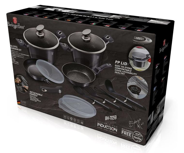 Berlinger Haus, Carbon Pro, zestaw: garnki granitowe z pokrywą + patelnie, 13 elementów