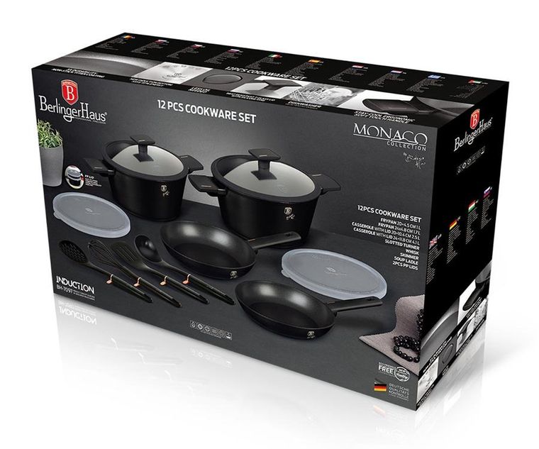 Berlinger Haus, Monaco, zestaw: garnki tytanowe + patelnie + akcesoria, 12 elementów