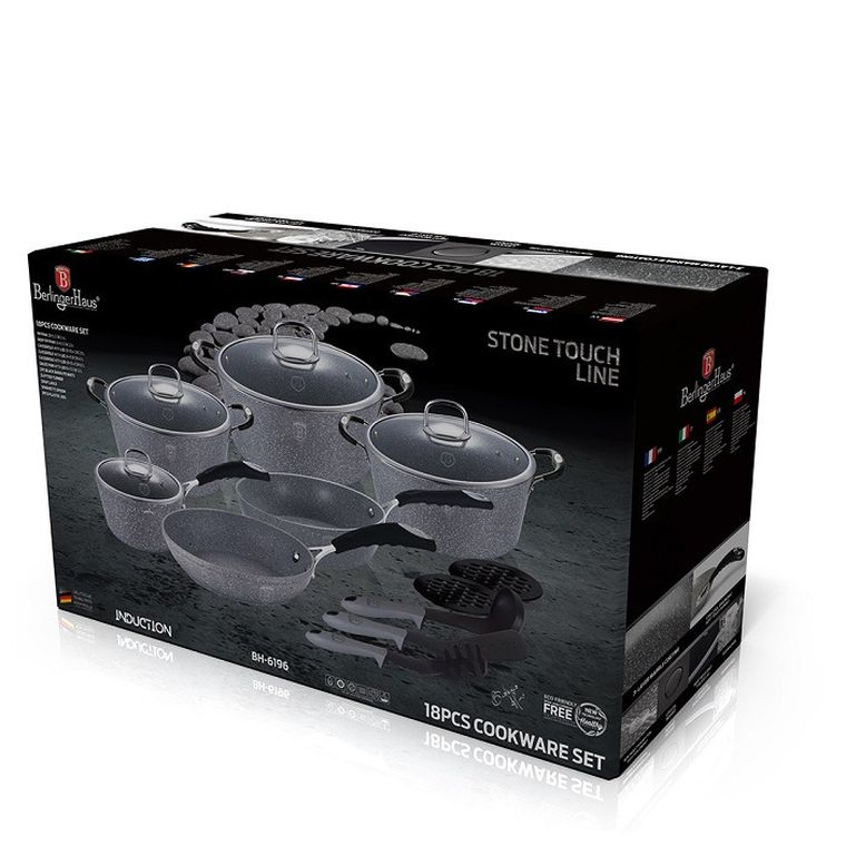 Berlinger Haus, Stone Touch, zestaw: garnki granitowe z pokrywą + patelnie + akcesoria, 18 elementów