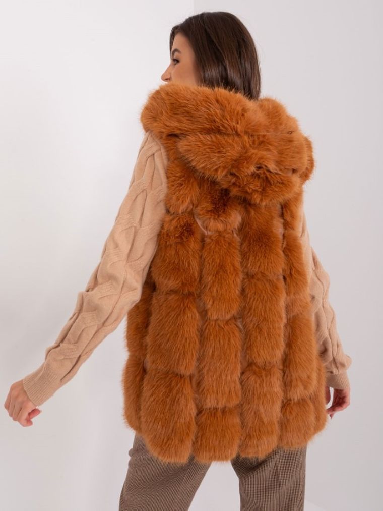 Bezrękawnik damski z kapturem, brązowy, Italy Moda