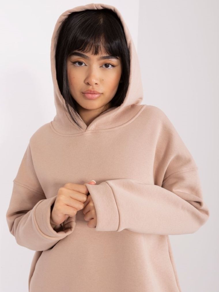 Bluza damska z kapturem, oversize, beżowa, Basic Feel Good