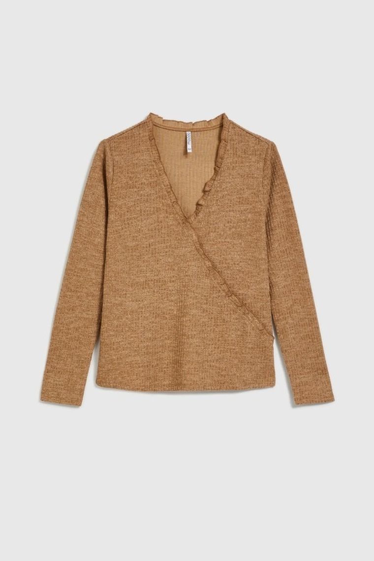 Bluzka damska z długim rękawem, beżowa, Moodo