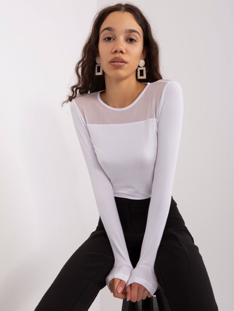 Bluzka damska z długim rękawem, biała, Basic Feel Good