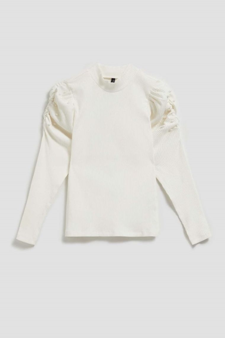 Bluzka damska z długim rękawem, biała, Moodo