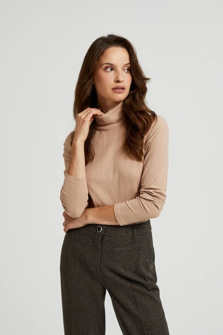 Bluzka damska z długim rękawem, brązowa, Moodo