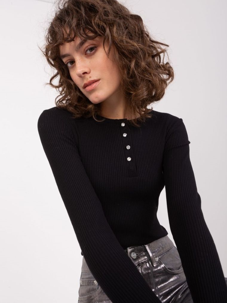 Bluzka damska z długim rękawem, czarna, Basic Feel Good