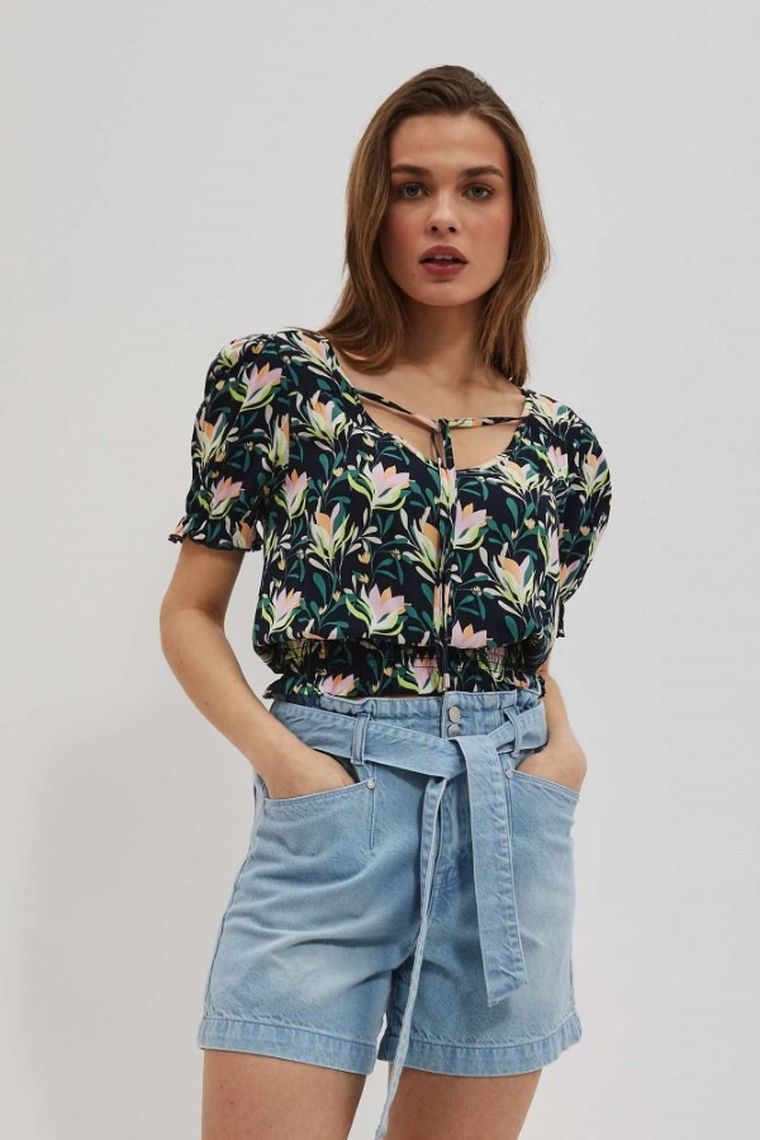 Bluzka damska z krótkim rękawem, granatowa, Moodo